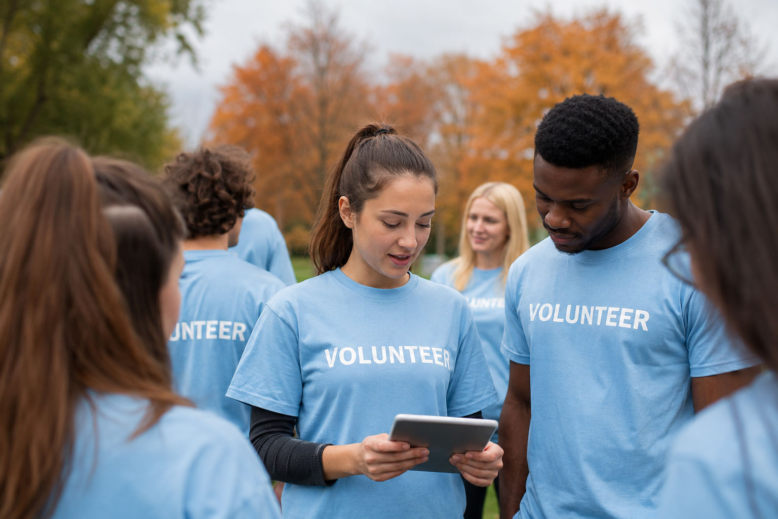A diverse group of young volunteers in matching light blue "VOLUNTEER" t-shirts gather outdoors in a park, with a young woman and man looking at a tablet together.
