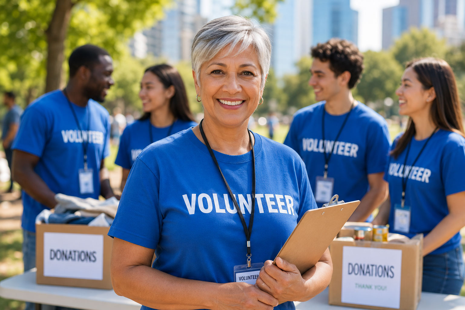 A smiling older woman in a blue "Volunteer" t-shirt holds a clipboard at an outdoor donations drive, with a diverse group of fellow volunteers and donation boxes visible in the background.