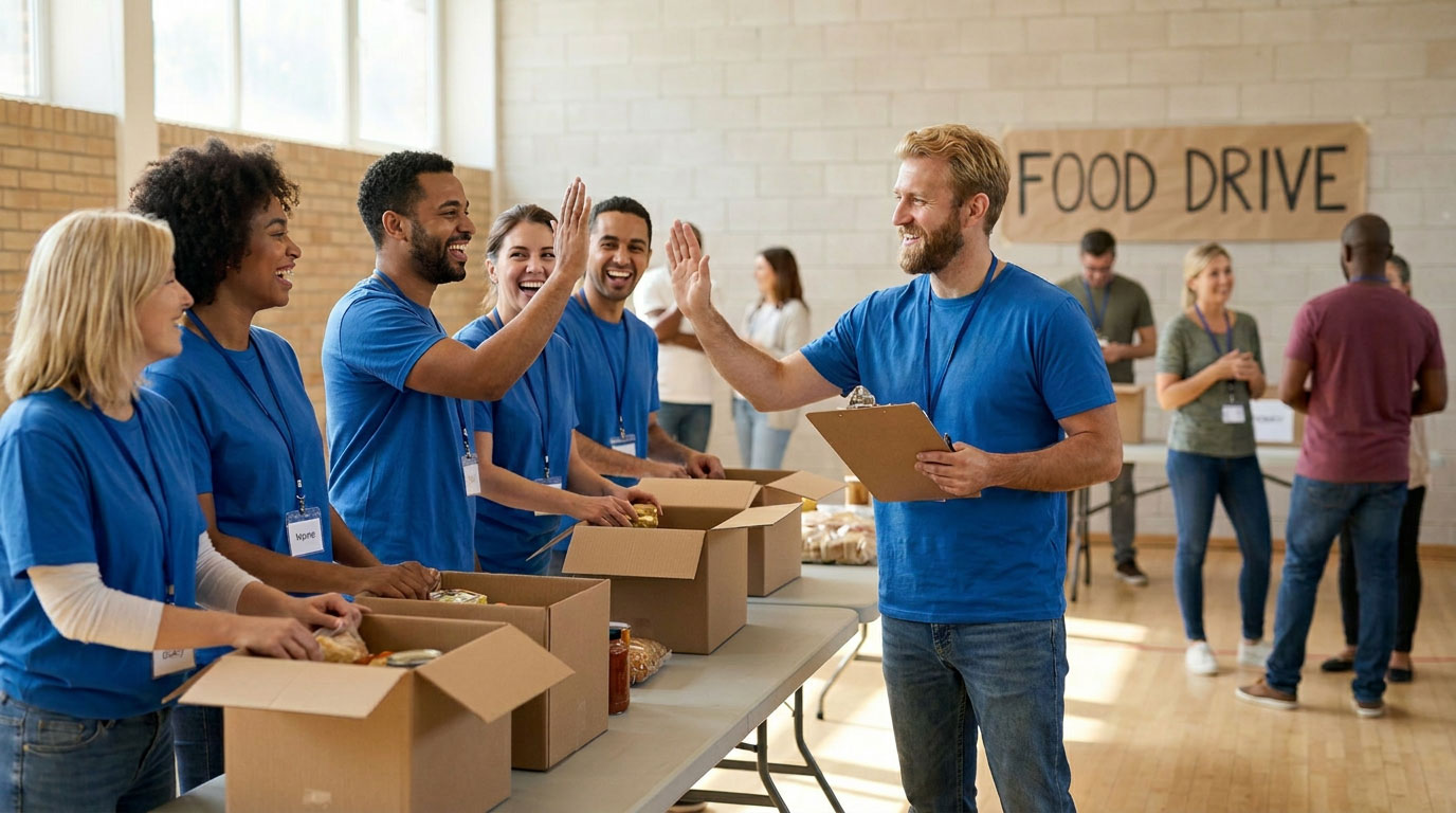 A cheerful group of diverse volunteers in blue t-shirts high-five and laugh while packing boxes at an indoor food drive event.